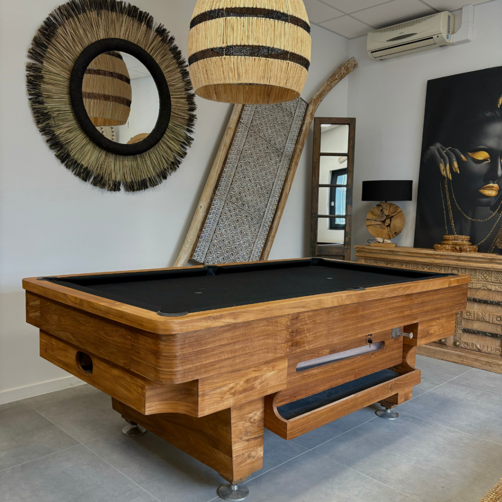 Billard en bois massif et miroir rond – mobilier artisanal Chambéry
